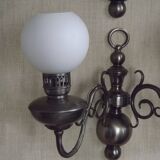 Pair of vintage French silvered Flemish wall sconces, double, with white glass shades 5006.