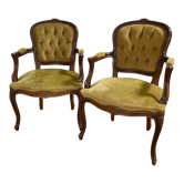 Cabriolets or Bergère armchairs Louis XV style in light green upholstered velvet