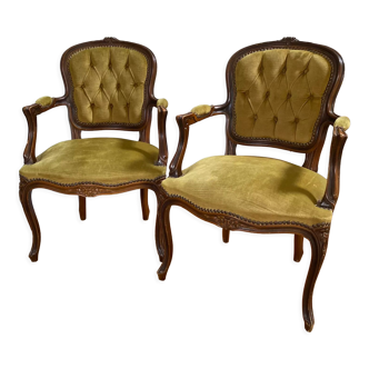 Cabriolets or Bergère armchairs Louis XV style in light green upholstered velvet