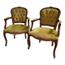 Cabriolets or Bergère armchairs Louis XV style in light green upholstered velvet