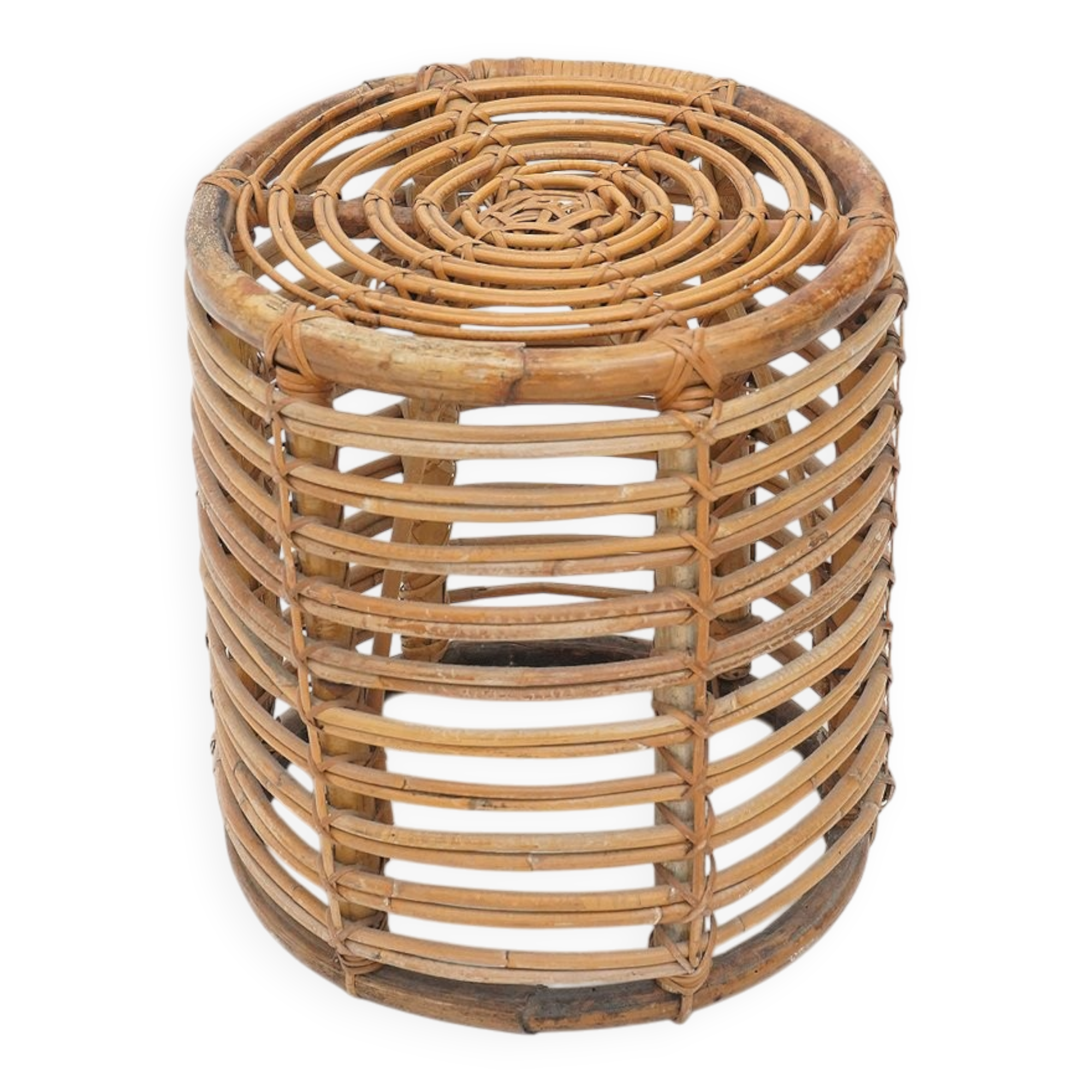 Cylindrical pouf in curved rattan by Castano, 1960s