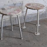 Set of 2 grey workshop stools in wood and metal, 1970s, industrial style.