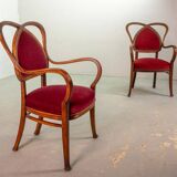 Red Velvet Heartshaped Wooden Vintage Design Side Chairs. Set of 2. 1950s