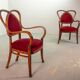 Chaises d'appoint vintage en bois et velours rouge en forme de cœur. Lot de 2. Années 1950.