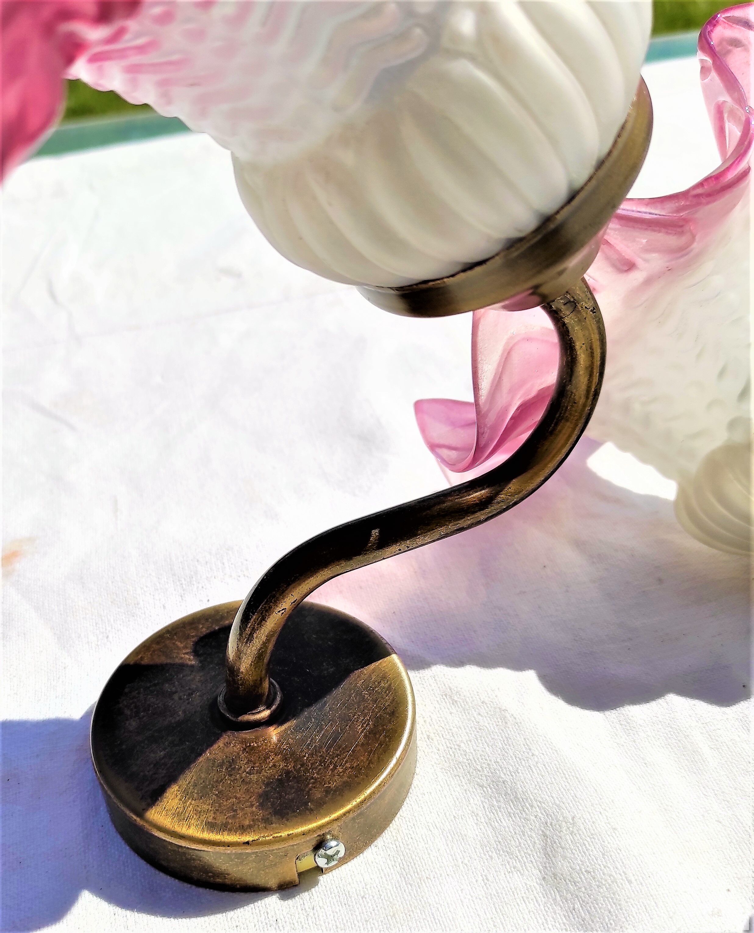 Sconces with tulip colored pink support color old gold 1 pair around 1970