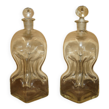 Pair of antique pinched decanters circa 1900 for serving whisky, bourbon, vodka, gin.