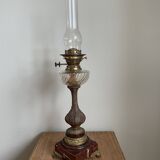 Antique french oil lamp, 19th century rouge griotte marble and patinated bronze base