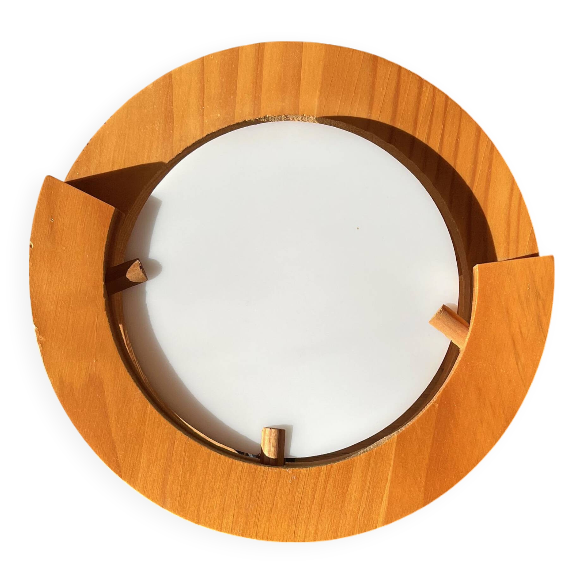 Round pine and plexiglass wall light, 1970s