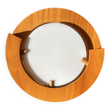 Round pine and plexiglass wall light, 1970