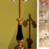 20th Century French Black Enamel Tole and Gilt Bronze Table Lamps with Silk Shade, Set of 2
