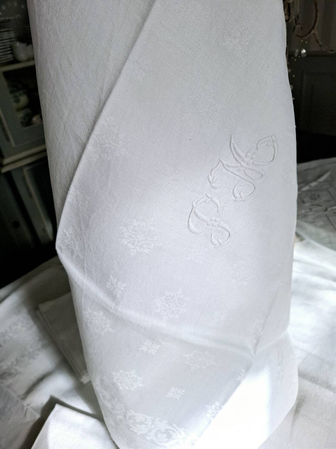 Antique monogrammed tablecloth and 8 napkins