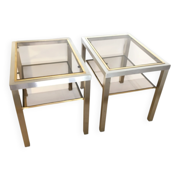 Paire de Tables d'Appoint en Acier Brossé, Verre Fumé par Guy Lefèvre