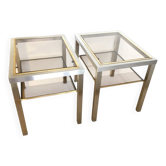 Paire de Tables d'Appoint en Acier Brossé, Verre Fumé par Guy Lefèvre