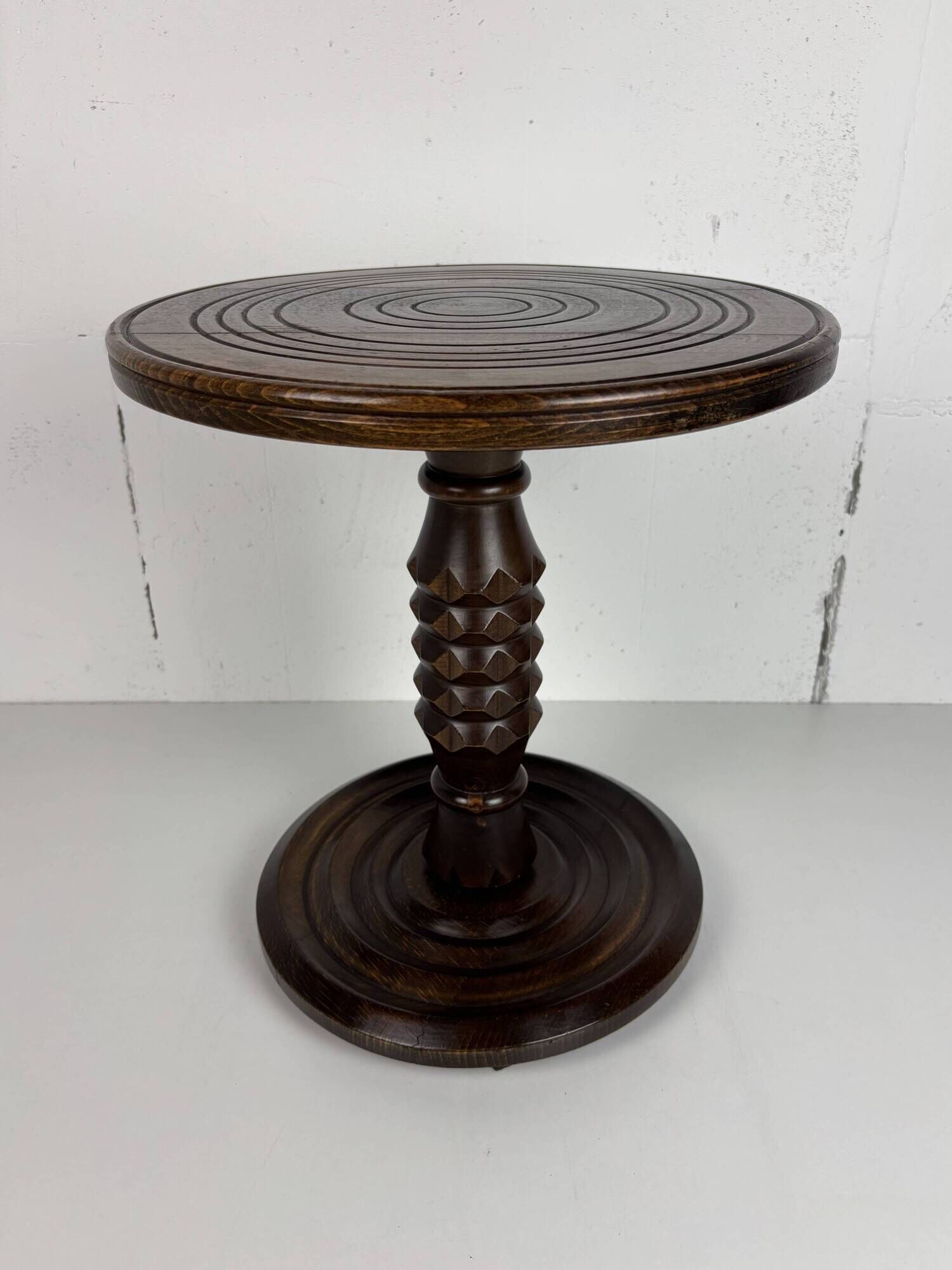 Low wood turned midcentury brutalist side table, style of Charles Dudouyt