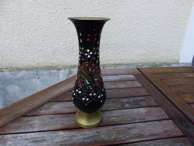 Metal brass, painted and carved vase, with a Peacock, vintage