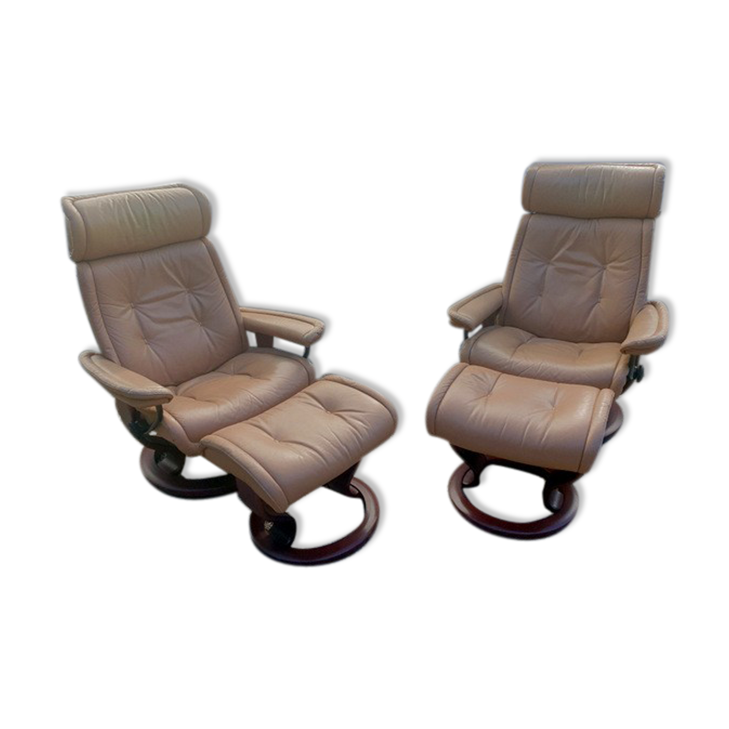 Pair of vintage original ekornes stressless armchairs with stool