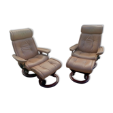 Pair of vintage original ekornes stressless armchairs with stool