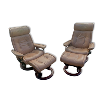 Pair of vintage original ekornes stressless armchairs with stool