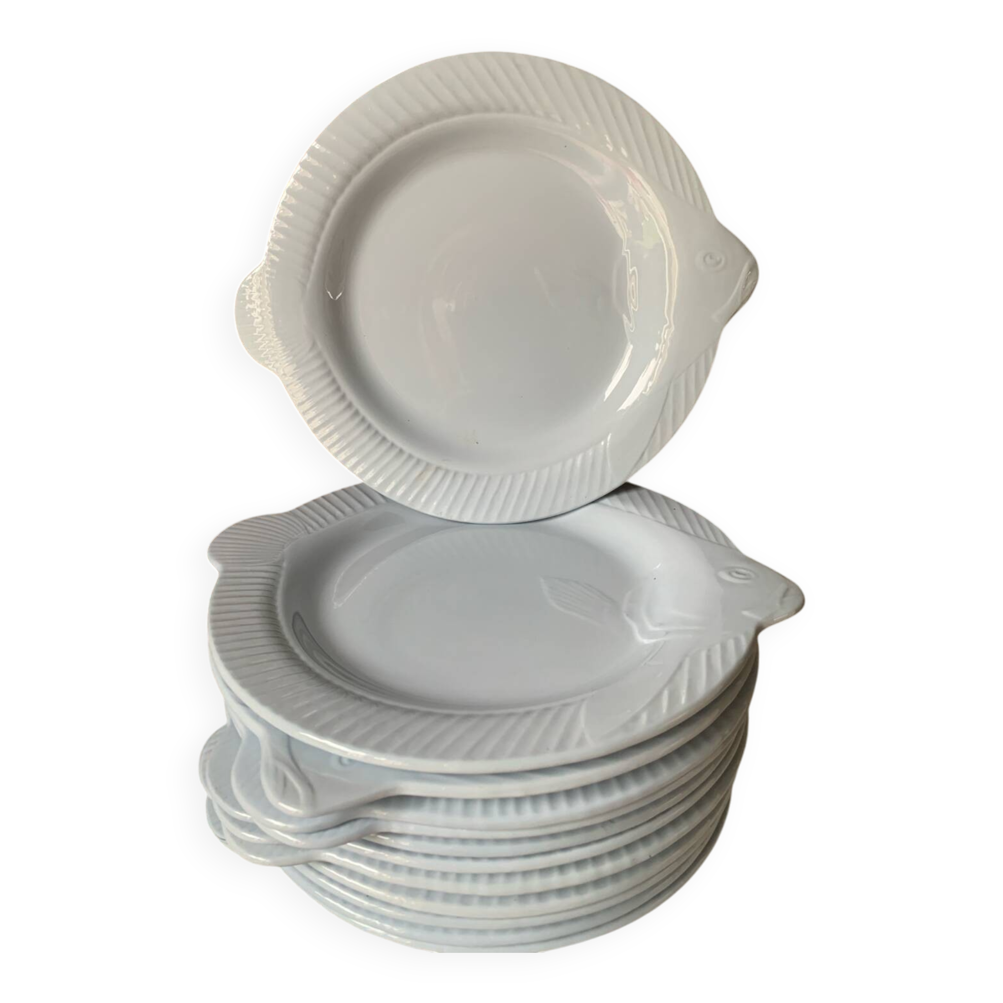12 blue fish plates, Sarreguemines, 1930s
