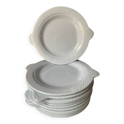 12 assiettes poisson bleues Sarreguemines 1930s