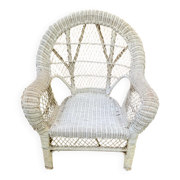 Fauteuil Trône en Rotin et Osier Blanc — Style Emmanuelle / Bohème 1970