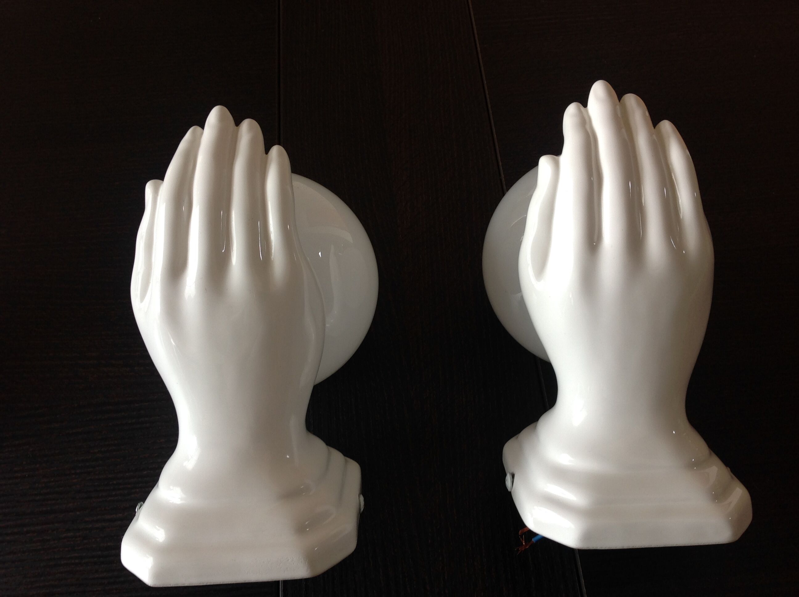 Pair of hand ceramic and opaline wall lamps vintage