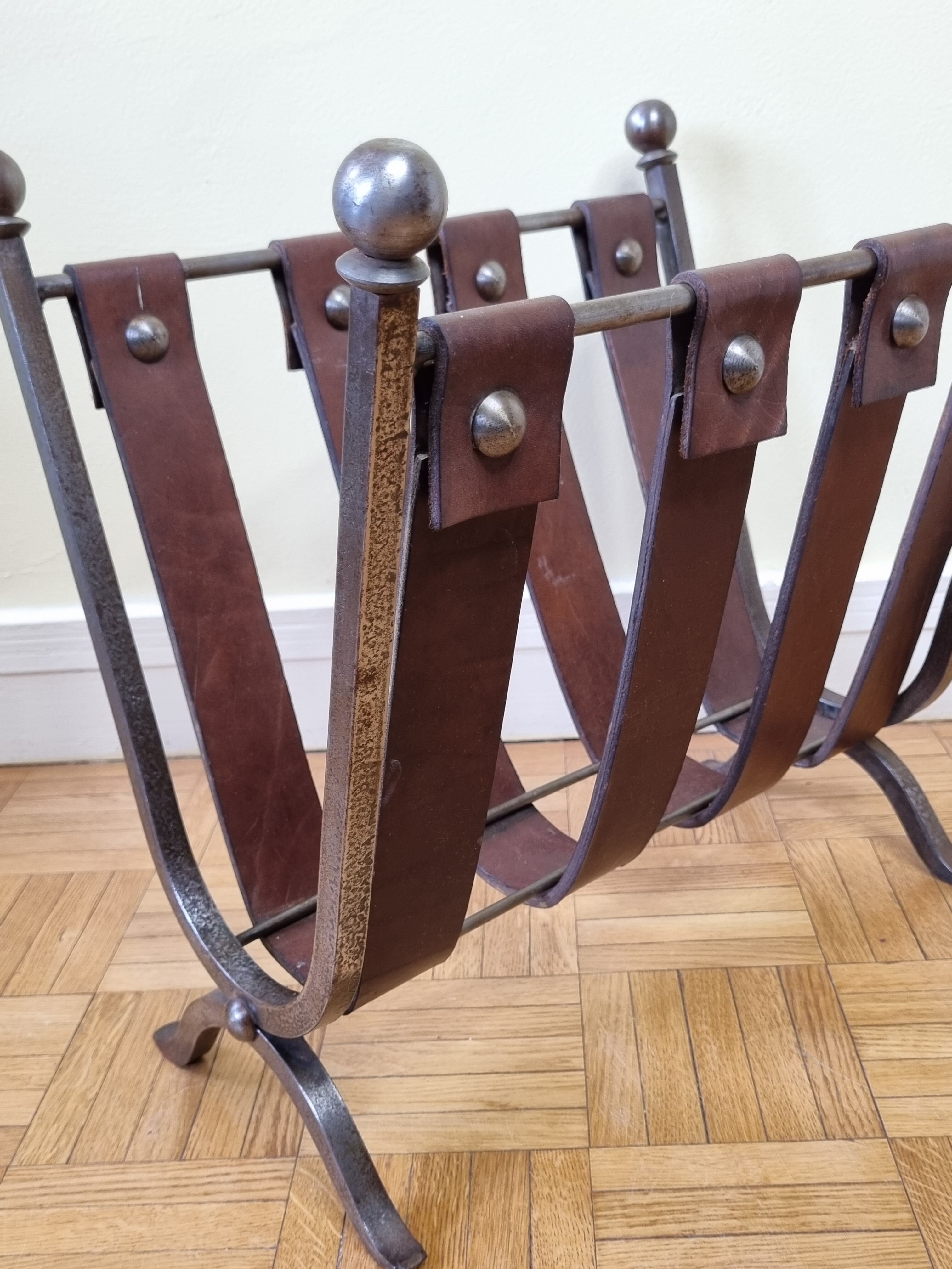 Magazine door in leather and forged metal, brutalist, 50s