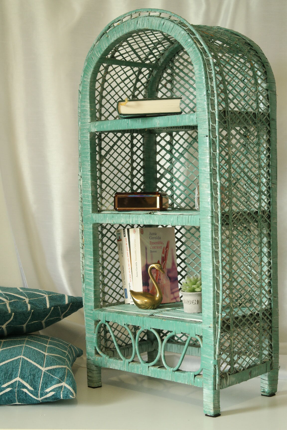 Vintage mint green wicker bookcase