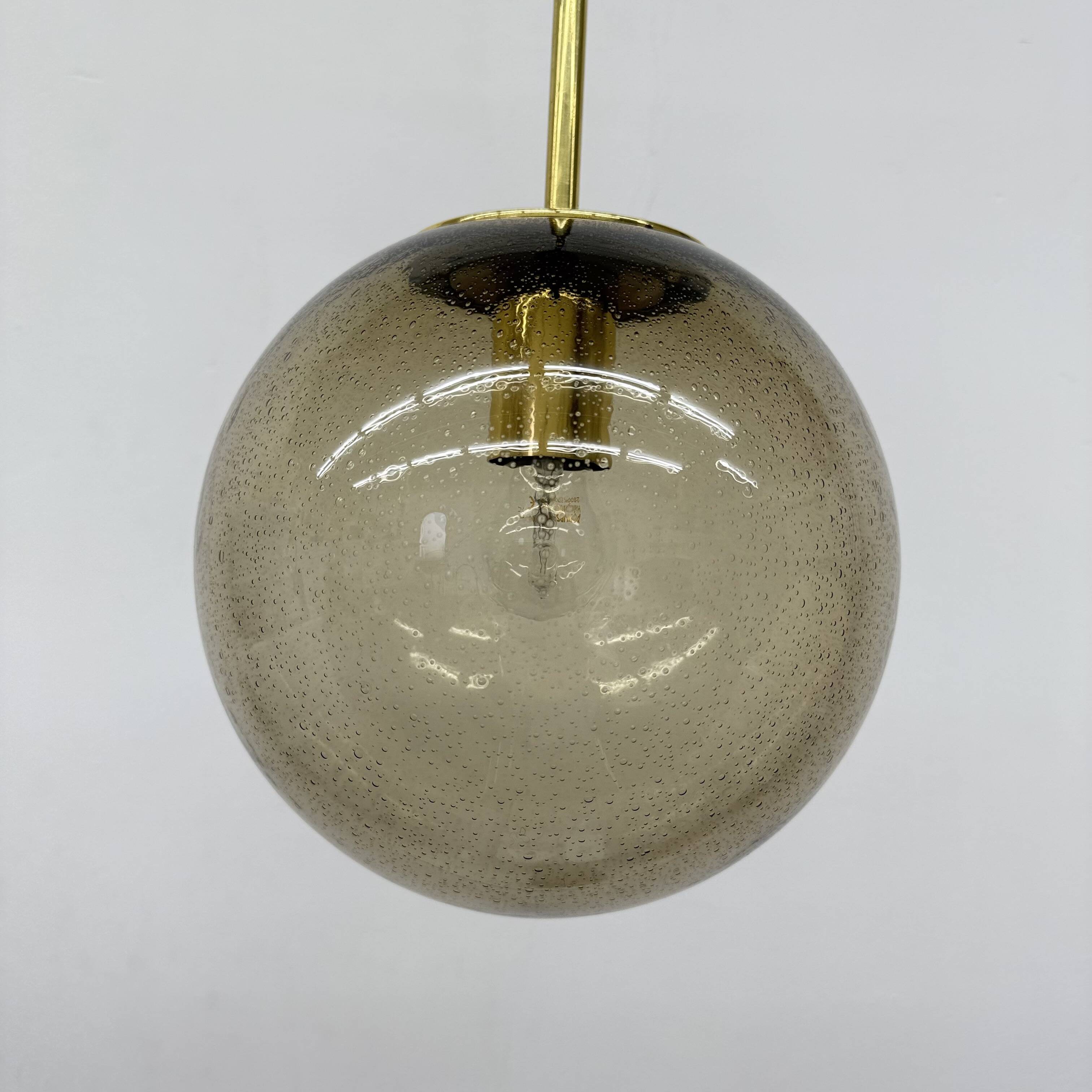 Limburg Glashütte brass smoked glass ball pendant hanging lamp , 1970s