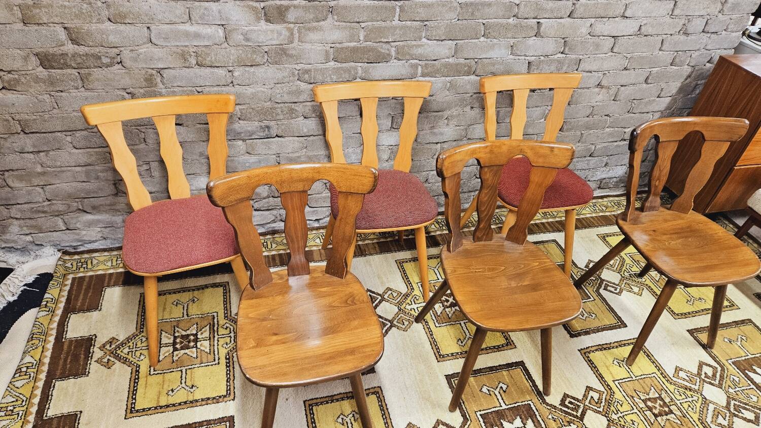 Set of 6 mismatched Baumann style bistro chairs from the 1970s
