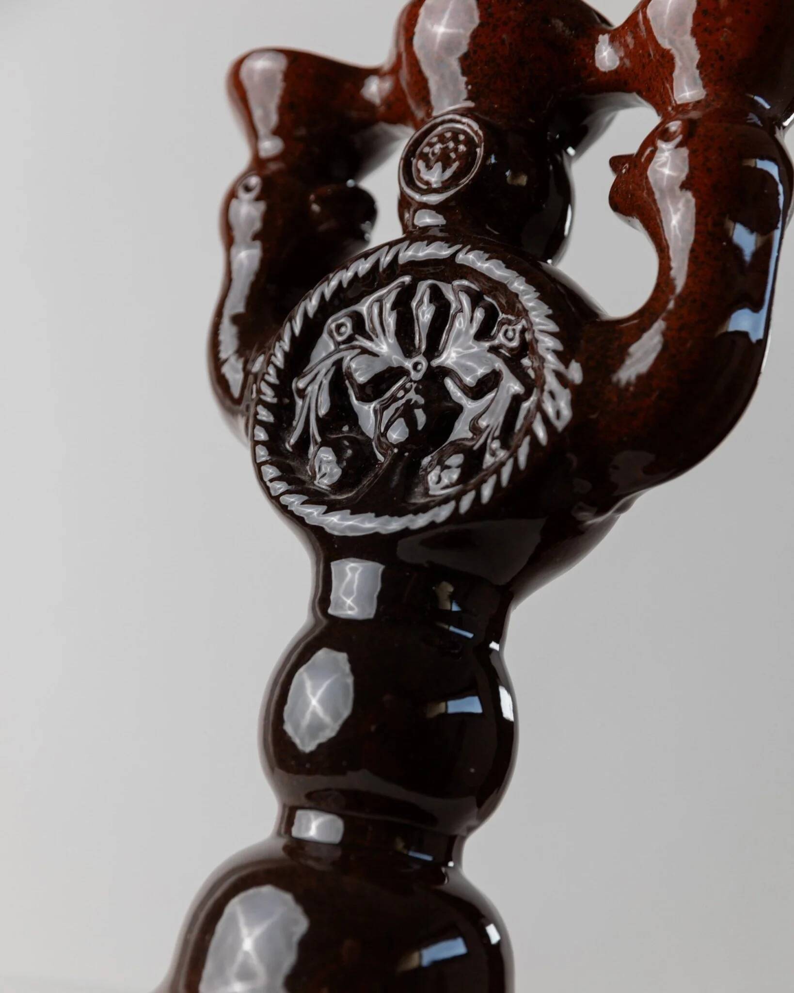 Large brown glazed ceramic candle holder for 3 candles - Brutalist mid-century Estonian design, 1960s