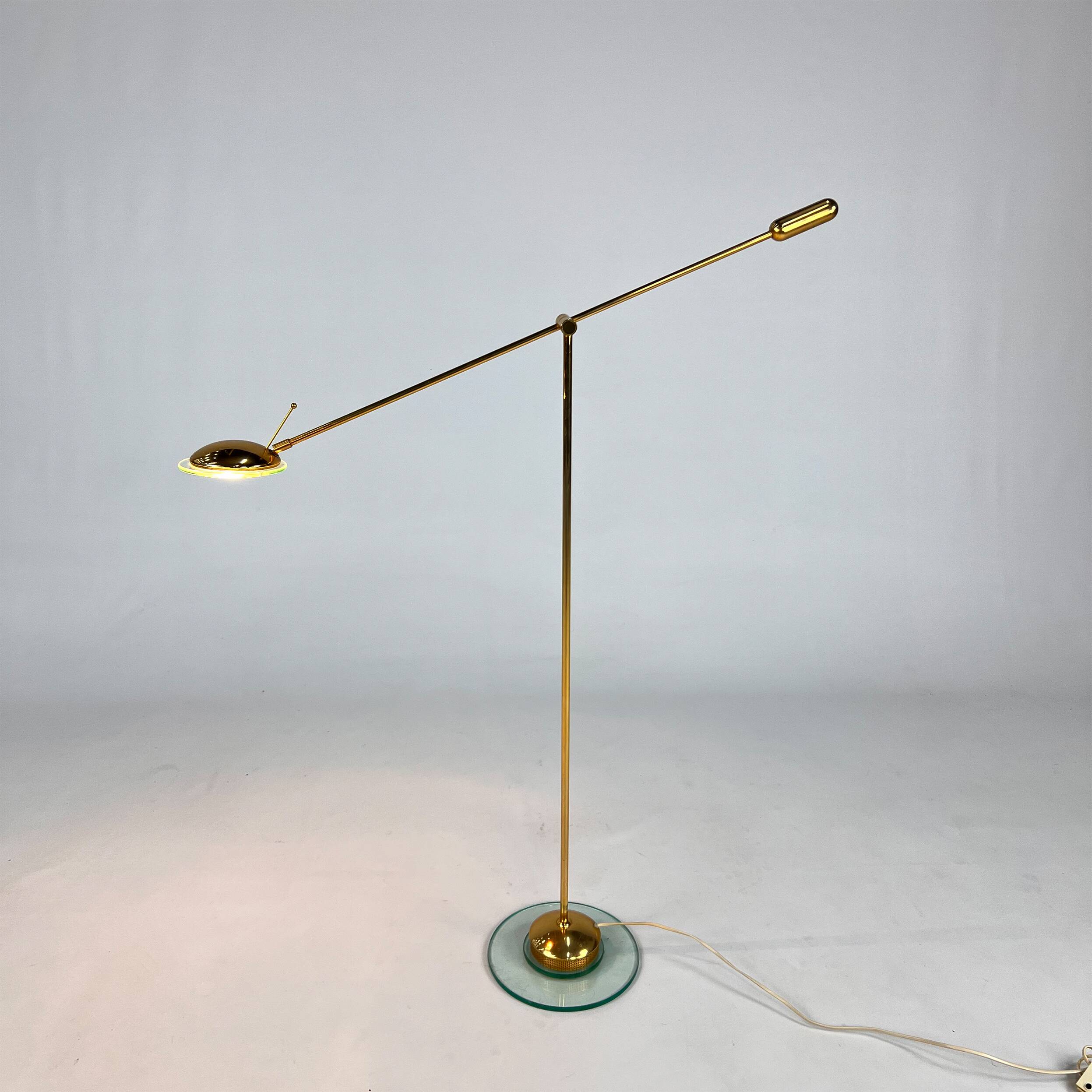 Dutch design brass and glass counter balance floorlamp by herda, 1970s