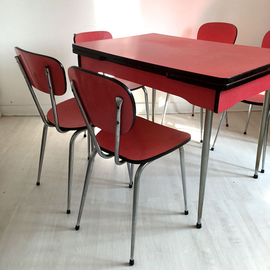 Table and chairs in vintage red formica 60s
