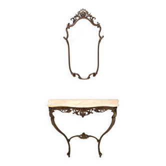 Vintage wall mirror and console with an onyx top and cast brass frame, italy