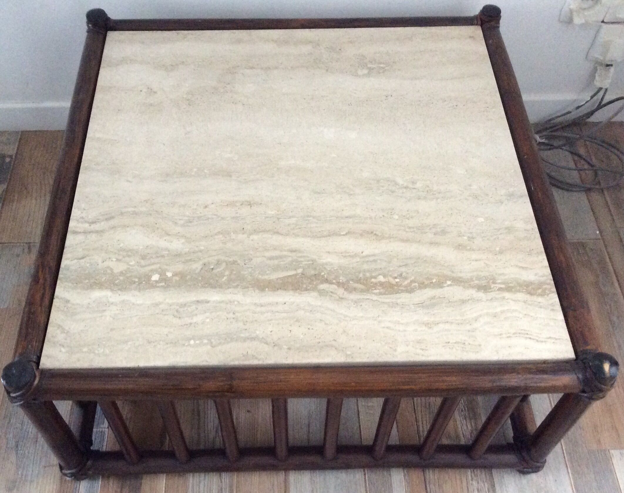 Vintage 1970 bamboo and travertine coffee table
