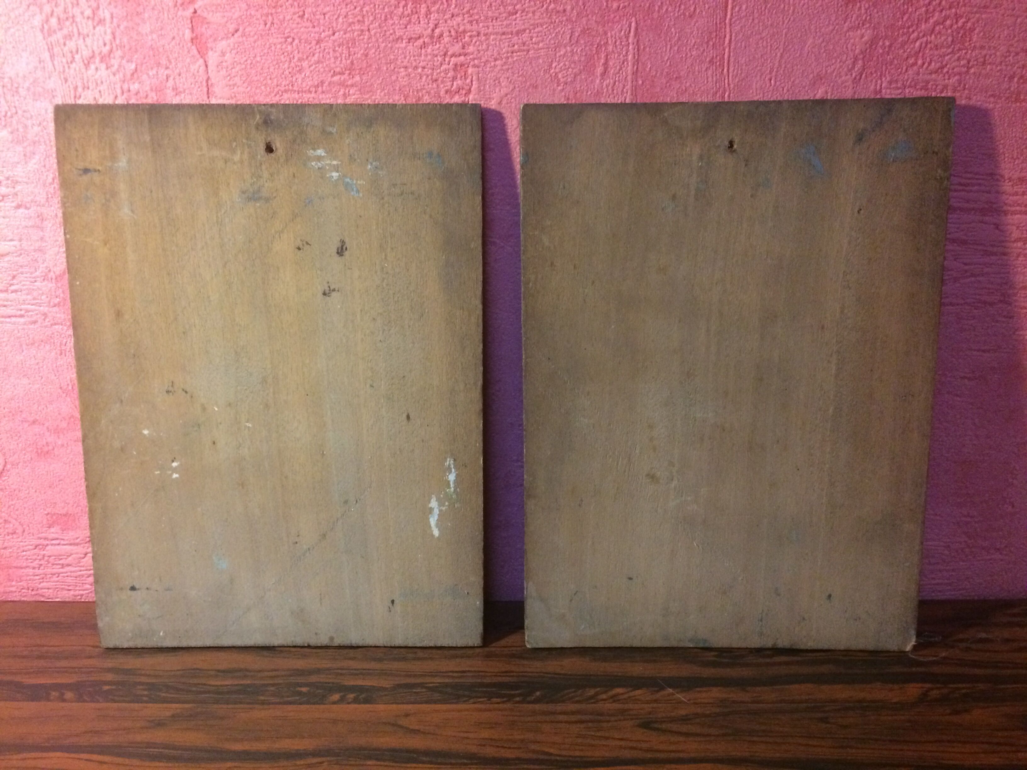 Pair Old Oil Table on Panel View River 19th Vintage Campaign