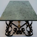 Green-forged neo-classical coffee table gold, green marble Poillerat 1940