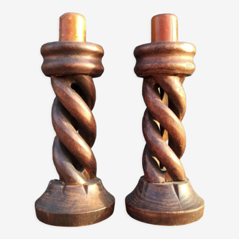 Pair of twisted wood candle holders