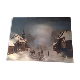 Huile sur toile du XIXe par Edouard Leconte, côté au Bénézit, paysage de neige.