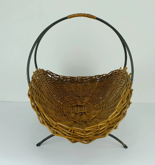 willow BASKET with black metal frame mid century 1950s fruit basket