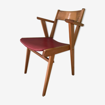 Armchair in blond wood and imitation red leather 1960