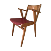 Armchair in blond wood and imitation red leather 1960