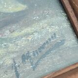 Pair of oils on cardboard with carved wooden frame. Spain 1950s.
