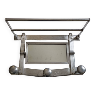 Metal wall coat rack, adjustable mirror, 3 coat hooks and a hat rack, 1950s