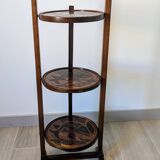 Table pliante vintage triple plateaux gravés en bois exotique 89 cm