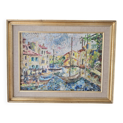 Tableau Huile sur toile  Paysage - Port des Martigues signé Michel 1961