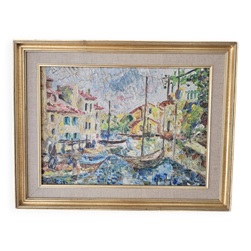 Oil painting on canvas Landscape - Port of Martigues signed Michel 1961
