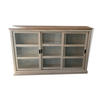 Bookcase 3 sliding doors white and wood