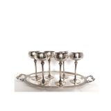 Silver Metal Liquor Set Consisting Of Six Stemmed Glasses On Their Tray