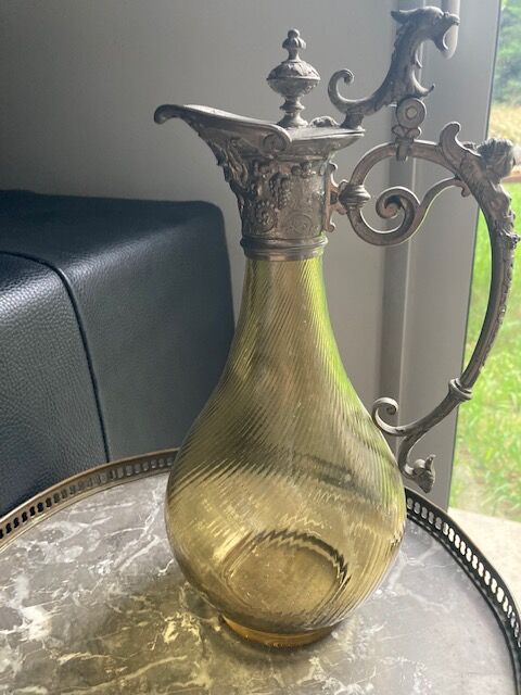 ewer carafe colored glass, handle and tin lid